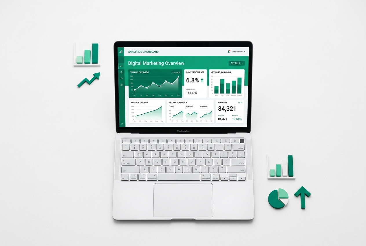Digital marketing – laptop with analytics dashboard and growth chart icons