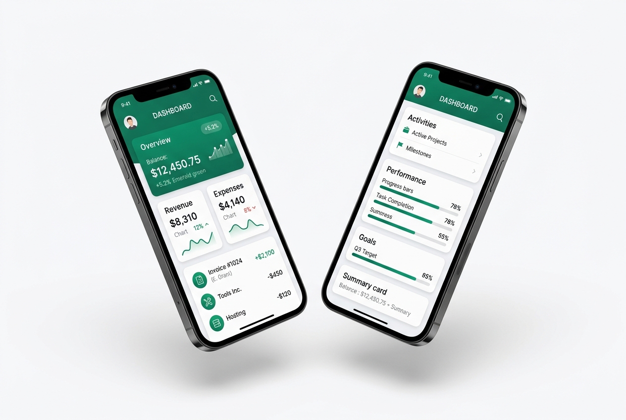 Mobile app development – two smartphones with emerald green dashboards