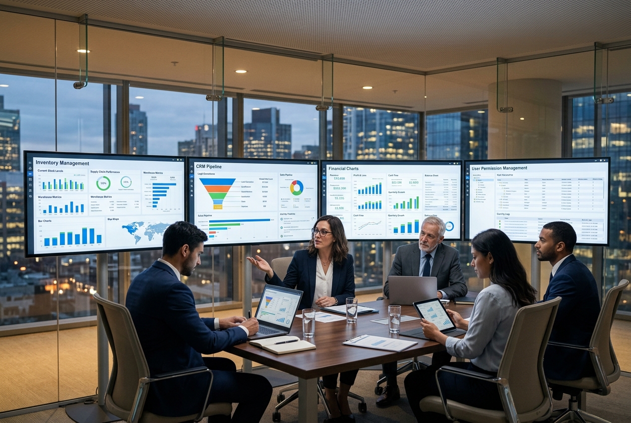 Executive team reviewing enterprise ERP and CRM dashboards in corporate boardroom