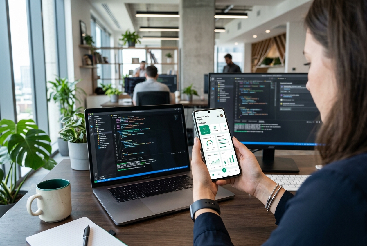 Mobile app development with smartphone and laptop showing app UI and code