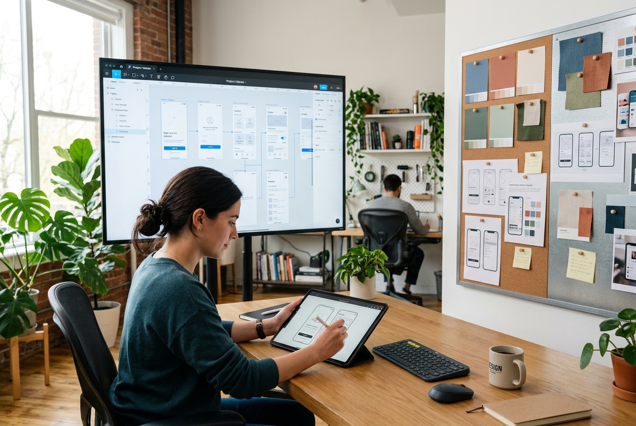 UI/UX Design – Figma wireframes on screen with design mood board