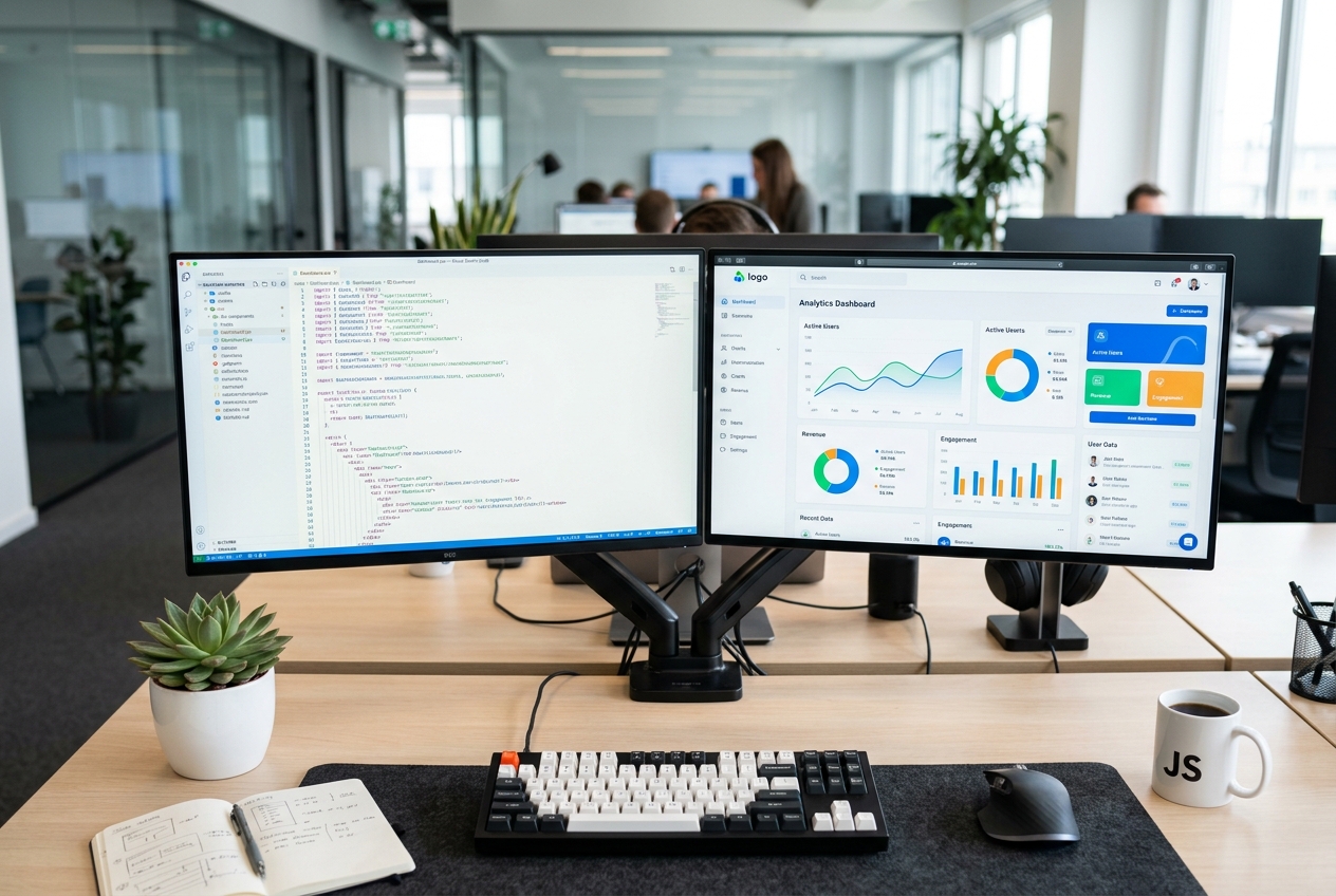 Web Development workspace with dual monitors showing React code and analytics dashboard